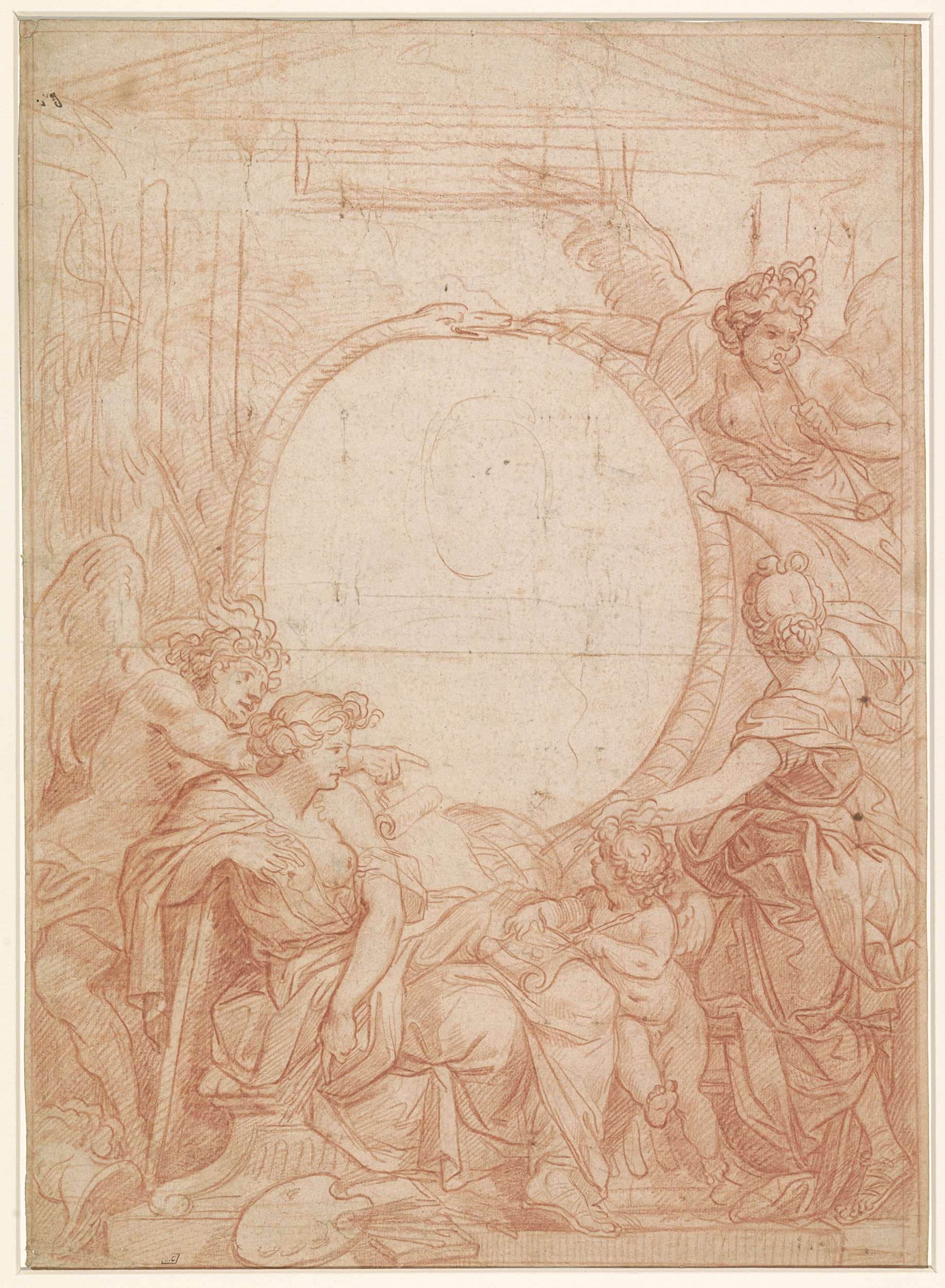 Portrait by Charles Le Brun featuring a face framed by a serpent, on paper.