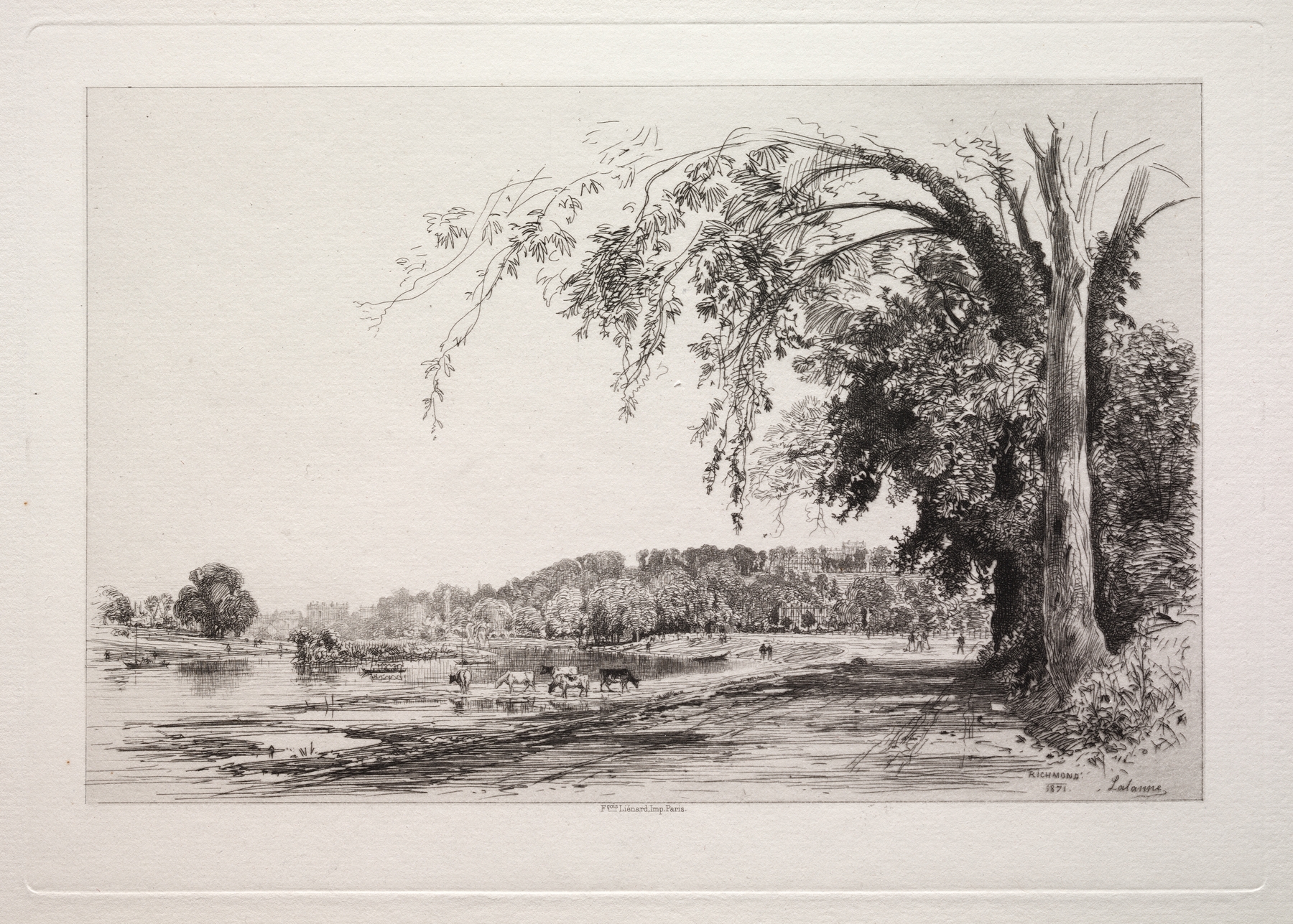 Engraving by Maxime Lalanne depicting a serene river and forest scene