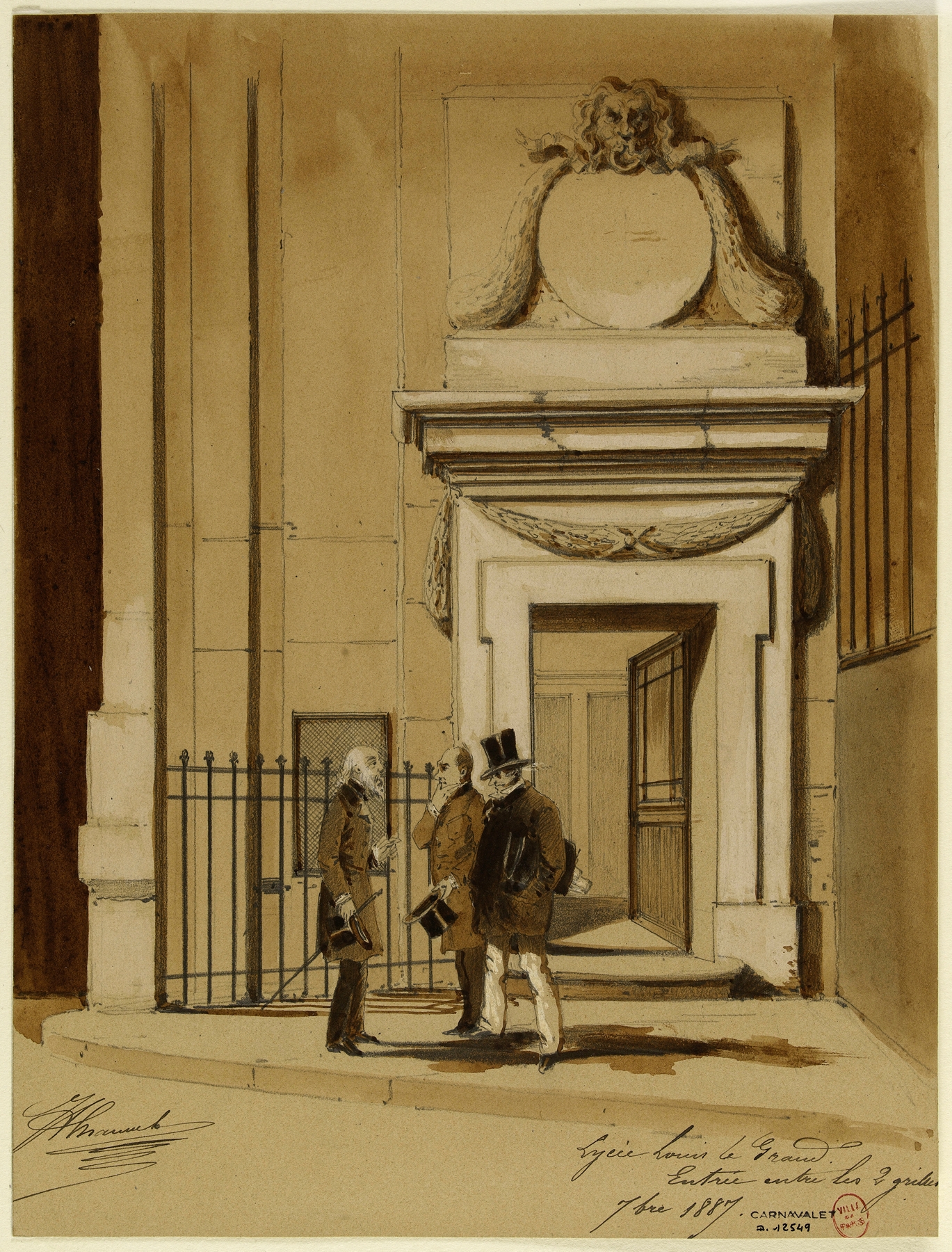 Urban landscape oil painting by Jules-Adolphe Chauvet depicting Lycée Louis Le Grand