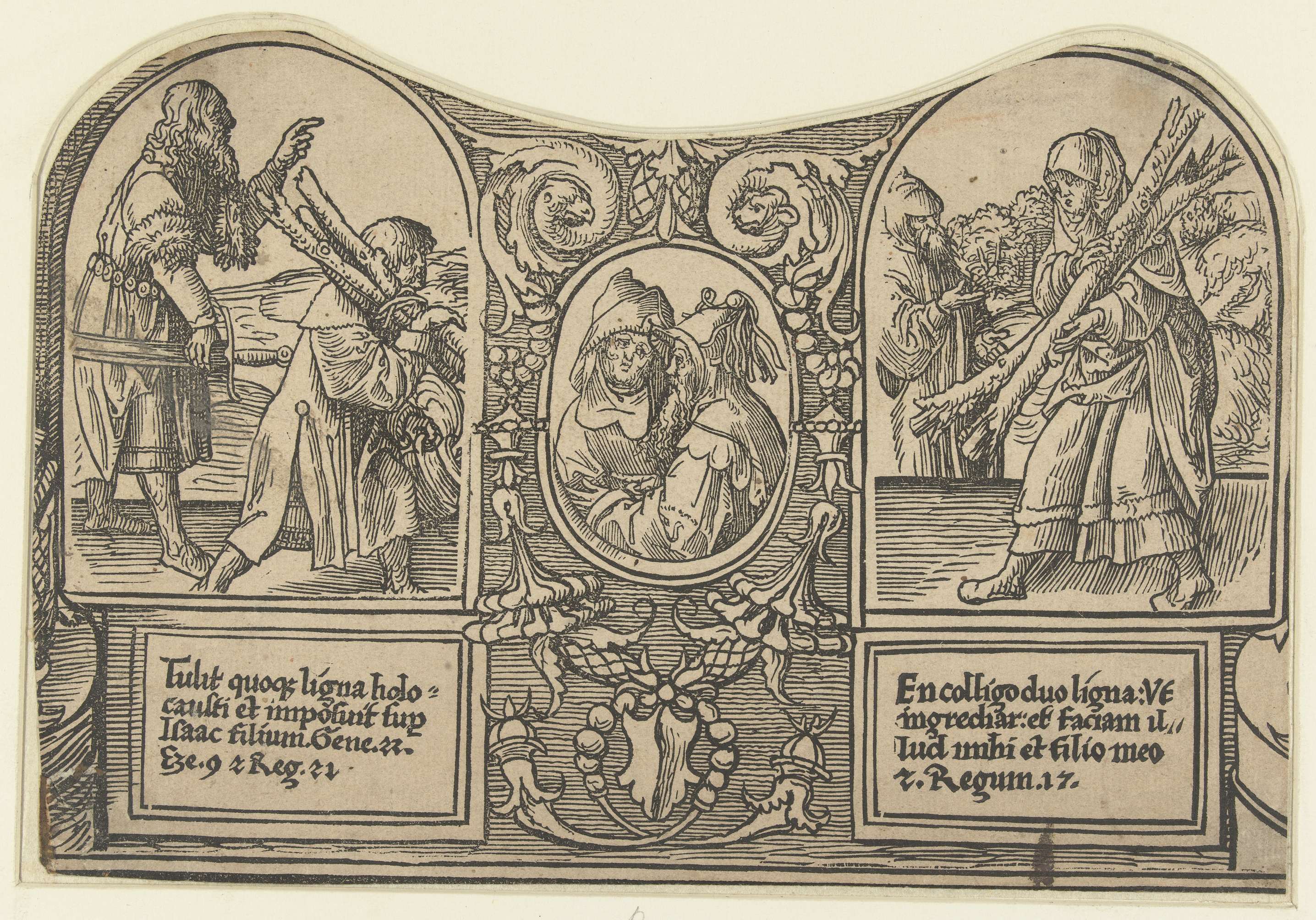 Religious scene with Abraham, Isaac, and the widow of Zarephath, paper by Jacob Cornelisz van Oostsanen