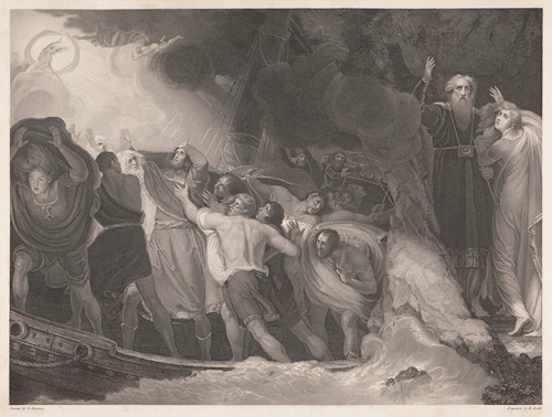 George Romney's painting 'Tempest', Act I, Scene I captures a dramatic moment in a stormy setting.