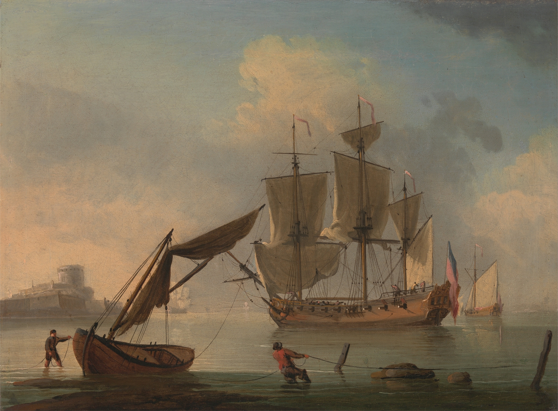 An English Sloop Becalmed near the Shore by Francis Swaine, oil painting depicting a sloop near the shore.