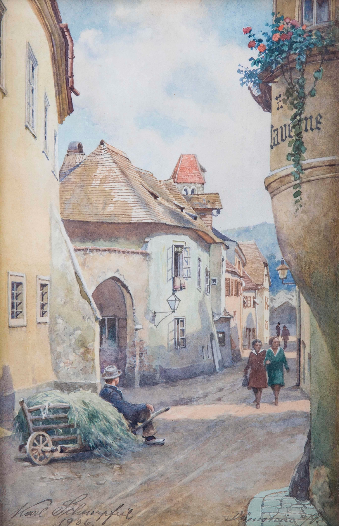 Genre scene depicting a cobbled street and aged buildings by Karl Schnorpfeil