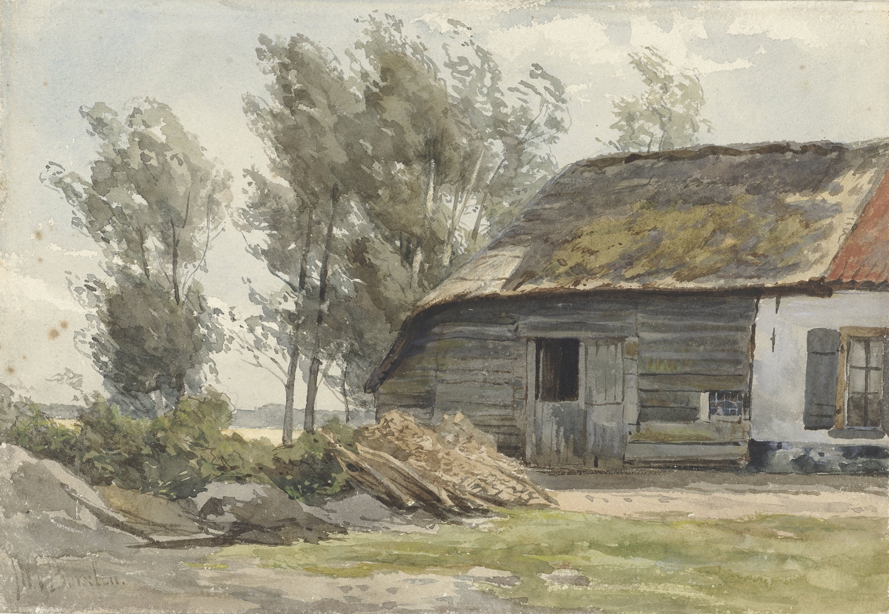 Landscape depicting a farmhouse and fields, oil painting by Jan Willem van Borselen