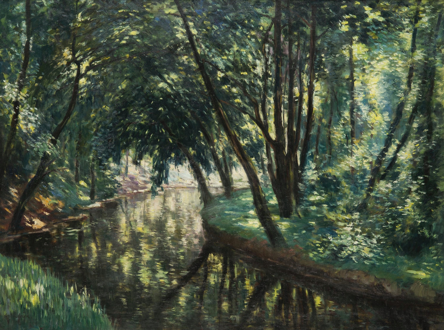 A Forest Still Life by Antonín Hudeček, oil on canvas depicting a tranquil forest scene.