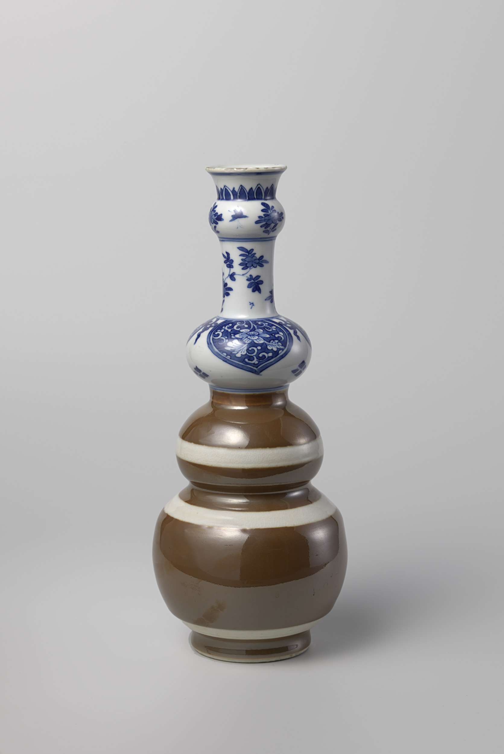 Triple gourd-shaped bottle with brown glaze and flower scrolls, ceramics, unknown artist