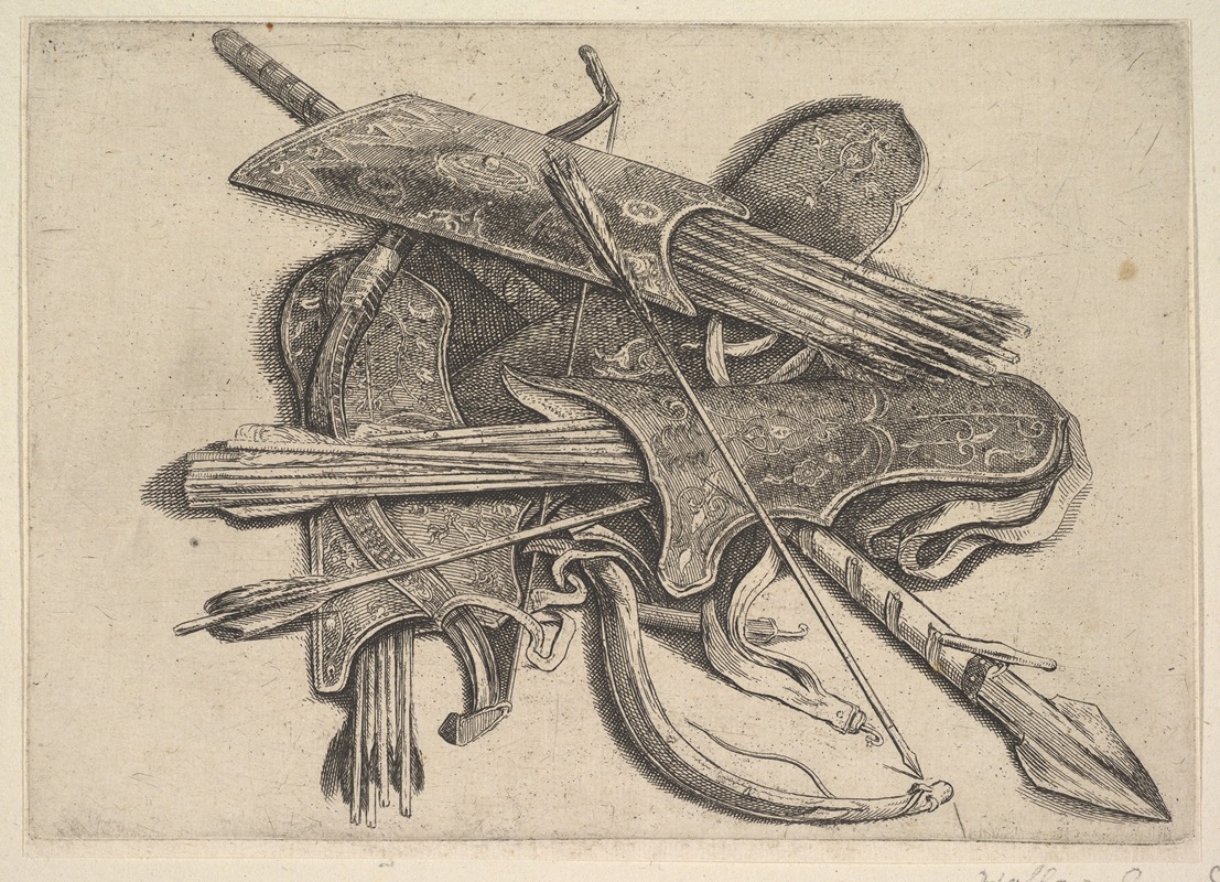 Bows, quivers and a spear by Wenceslaus Hollar showcases various hunting equipment.