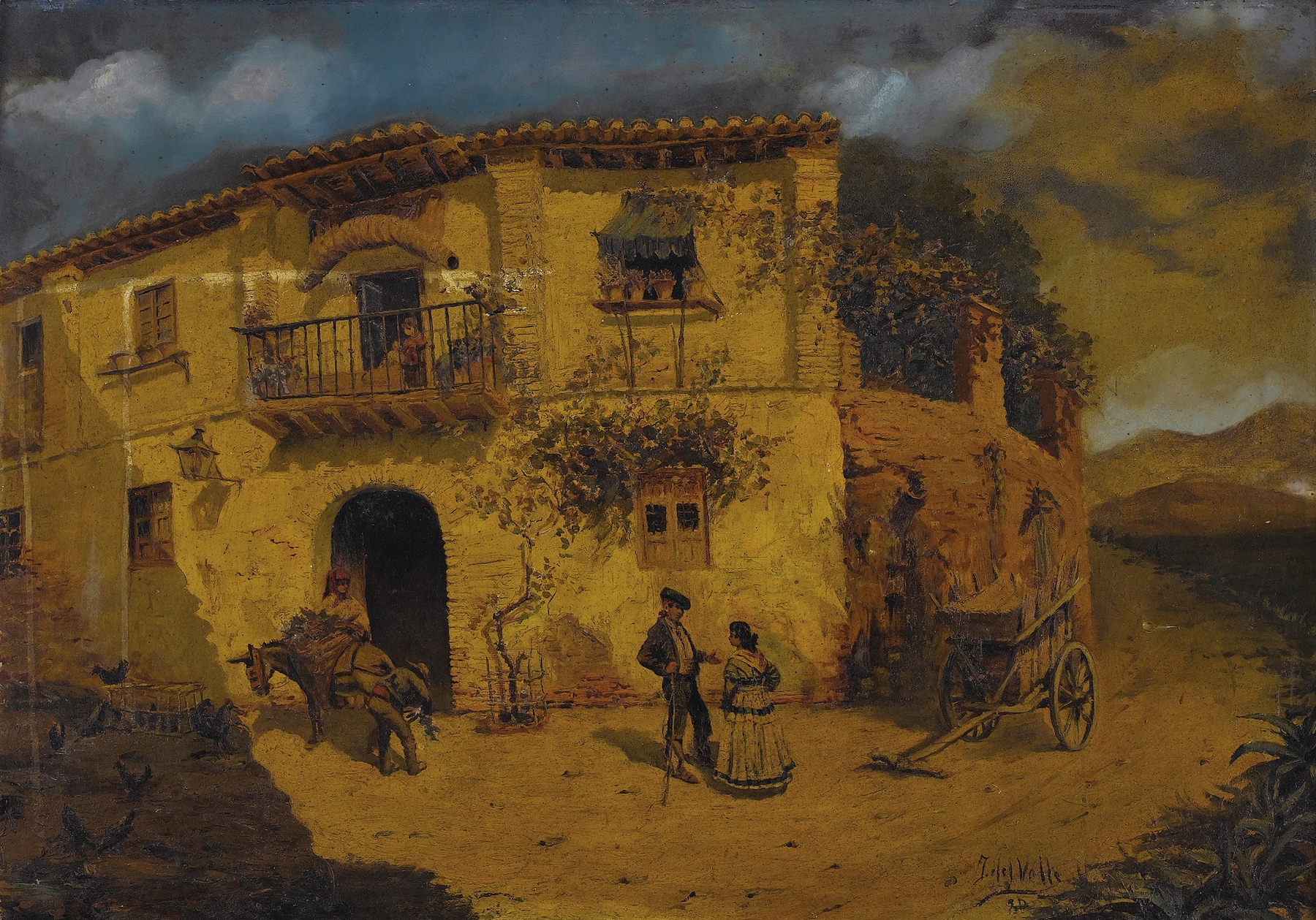 Granada Street Scene with Donkey and Chickens by Juan Dios Del Valle, oil painting depicting a lively street.