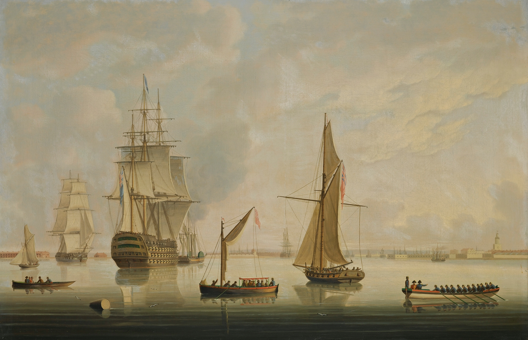 A British man-of-war and steam tug in Portsmouth Harbour by Thomas Buttersworth, oil painting