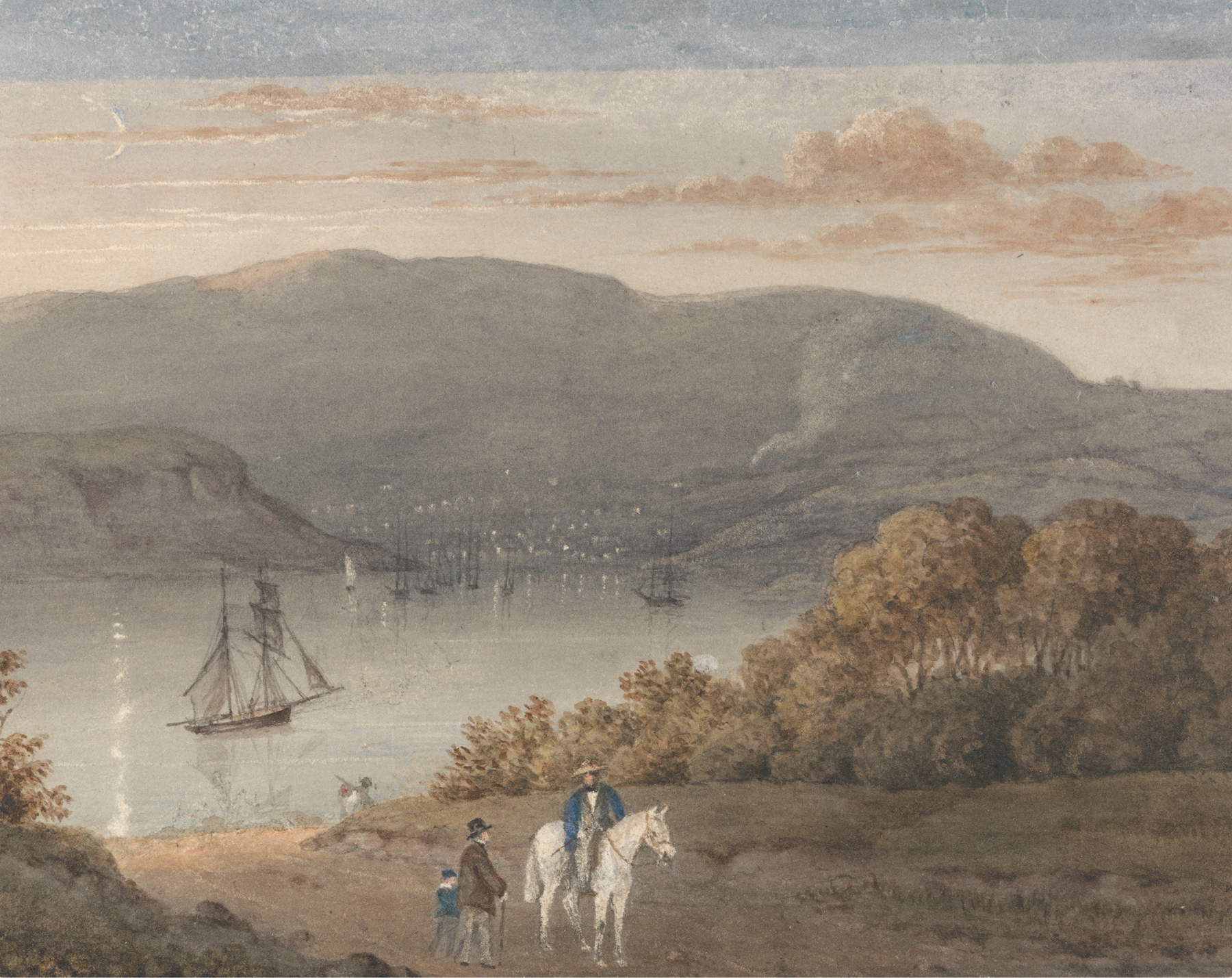 Port Louis from La Petite Montagne, oil on canvas by Thomas Bradshaw, features twilight reflections and figures.