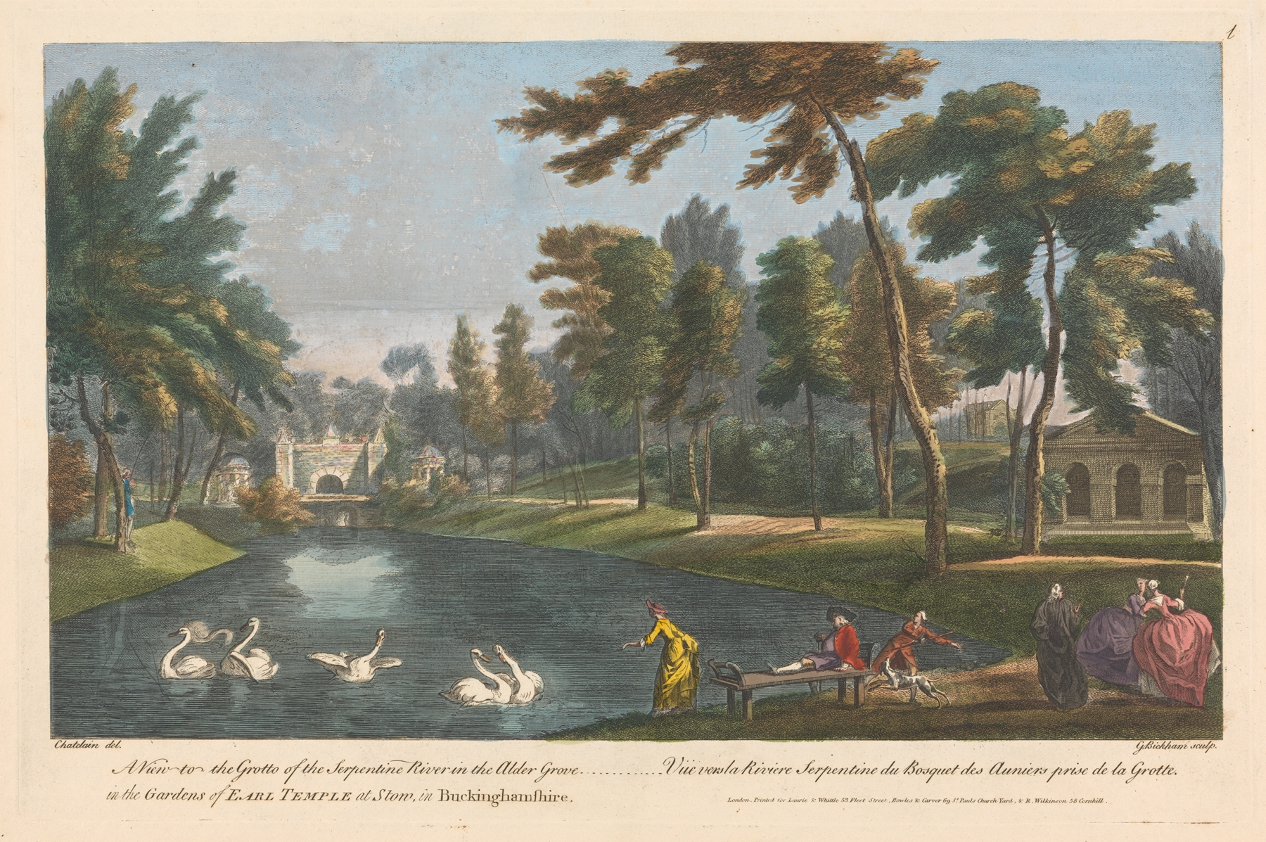 A landscape featuring a grotto and river by George Bickham the Elder
