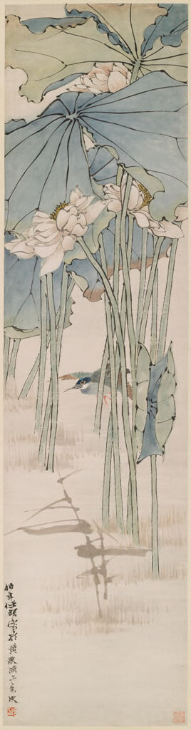 Kingfisher over a lotus pond, ink and color on paper by Ren Yi
