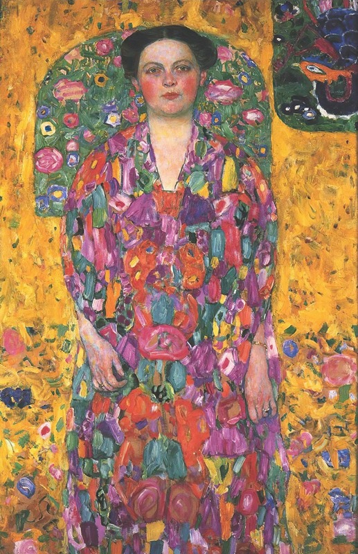 A portrait of Eugenia Primavesi by Gustav Klimt, showcasing intricate patterns and vibrant colors.