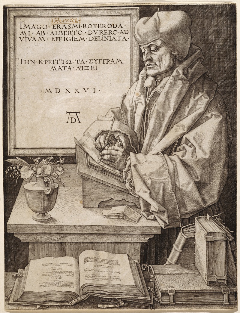 A portrait of Erasmus of Rotterdam by Albrecht Dürer.