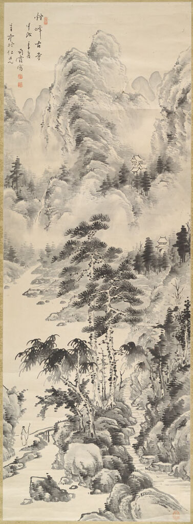 Landscape with a figure walking on a path toward an old mountain temple, ink on paper by Yi Myŏn-ku