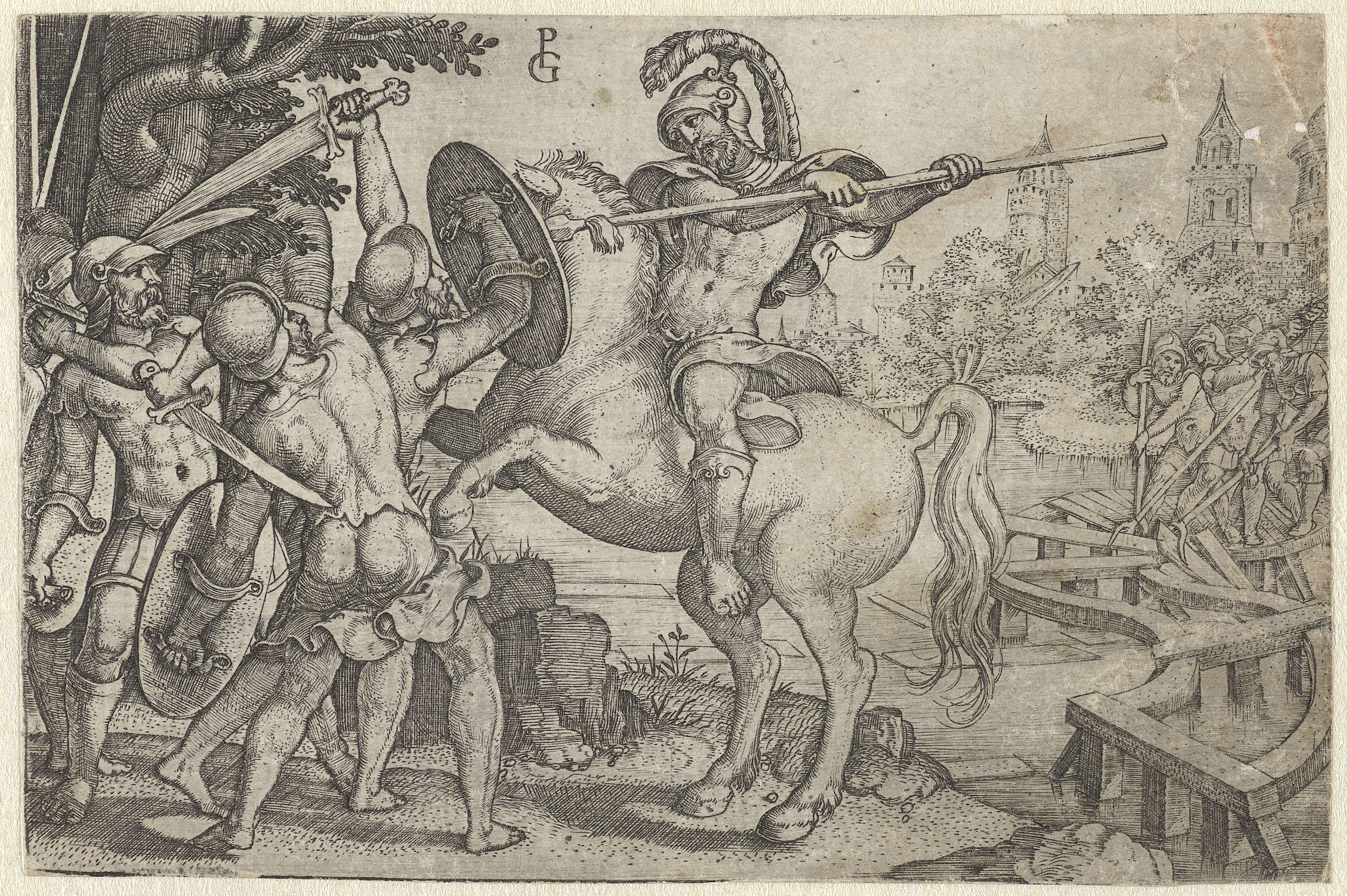 Horatius Cocles verdedigt de brug over de Tiber, by Georg Pencz, public domain