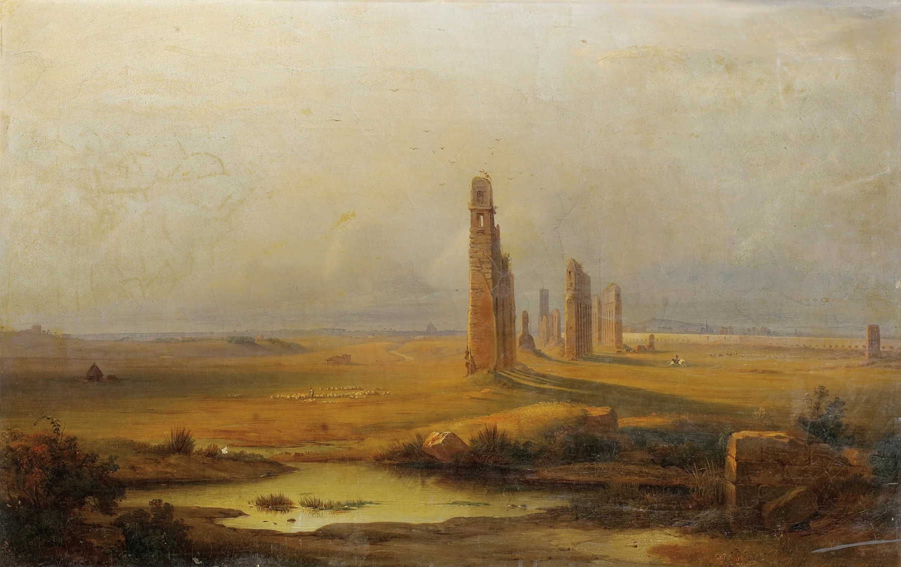 Vue d’un aqueduc en ruines by Johann-Rudolf Bühlmann, oil painting depicting ancient ruins with light and shadow.