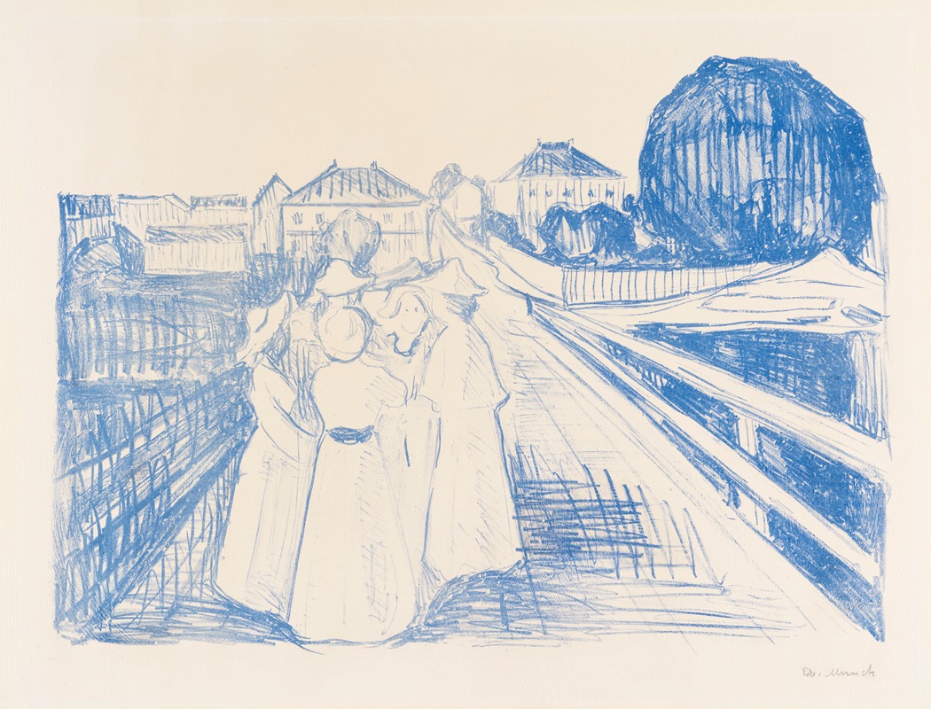 Edvard Munch's 'Auf der Brücke' depicts figures on a bridge against a colorful sky.