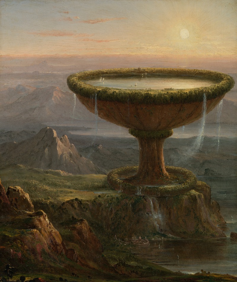 Thomas Cole's 'The Titan’s Goblet' depicts a grand landscape with a massive goblet in a serene setting.