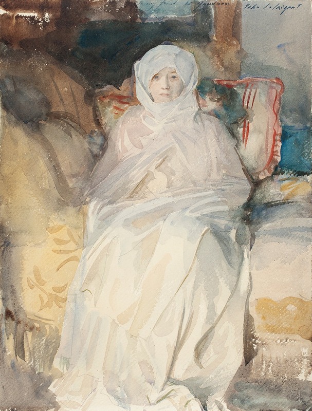 A portrait of Mrs. Gardner in a white dress by John Singer Sargent.