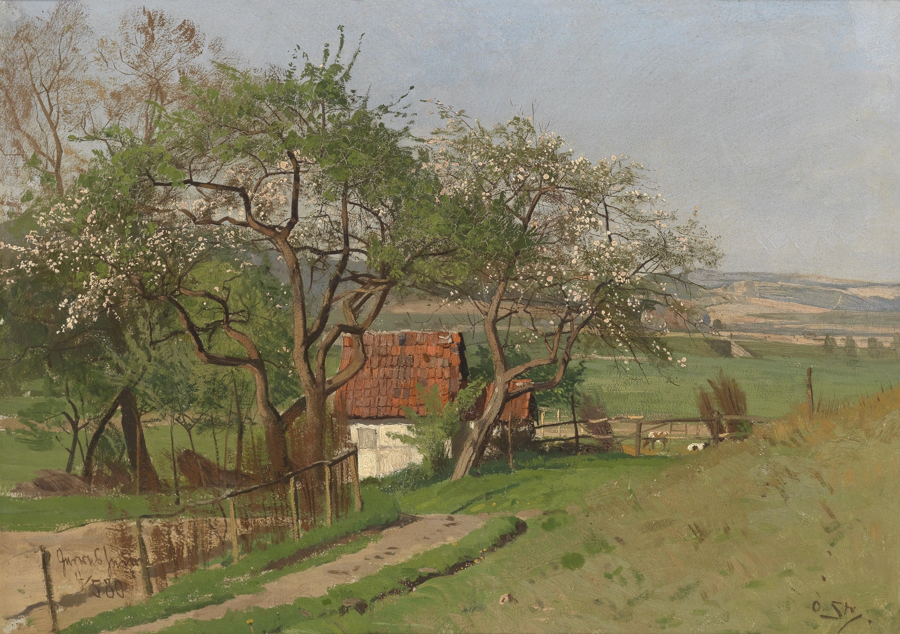Frühlinglandschaft by Otto Strützel, oil on canvas, depicting gentle hills under a pastel sky.