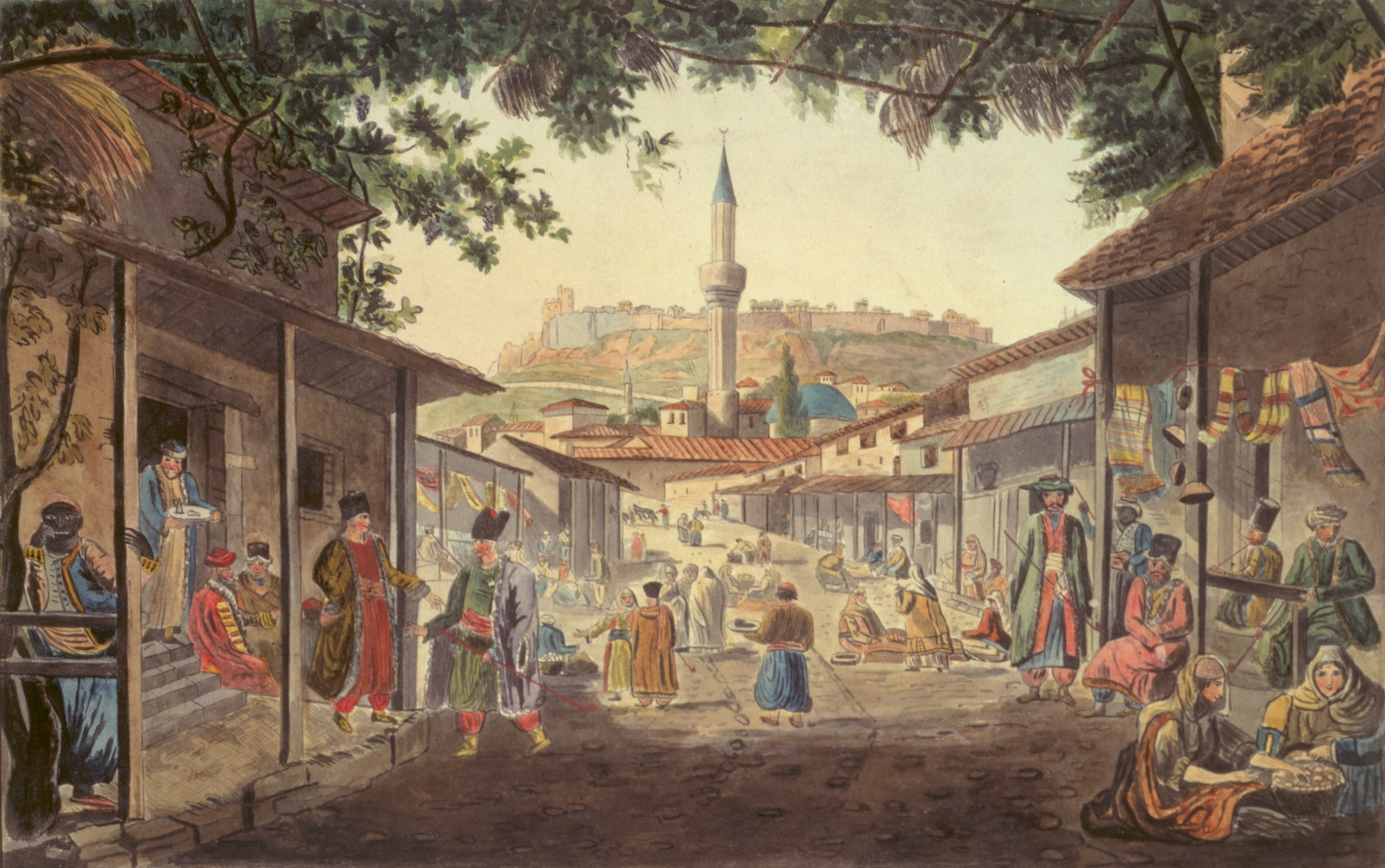 The Bazaar at Athens by Dodwell Edward, genre scene, oil painting, figures in a vibrant marketplace