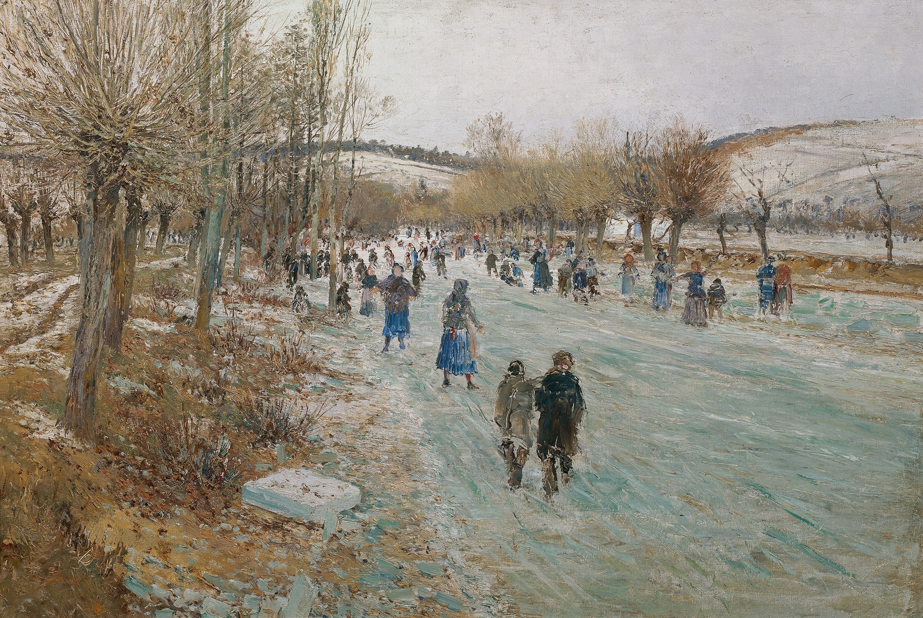 Genre scene of ice skating on the Thaya River by Theodor Von Hörmann, 1893, oil painting