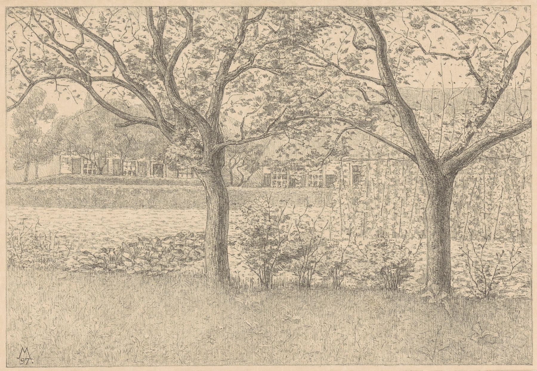 Tuin met bomen en stokbonen Tuin in Laren, by Simon Moulijn, public domain