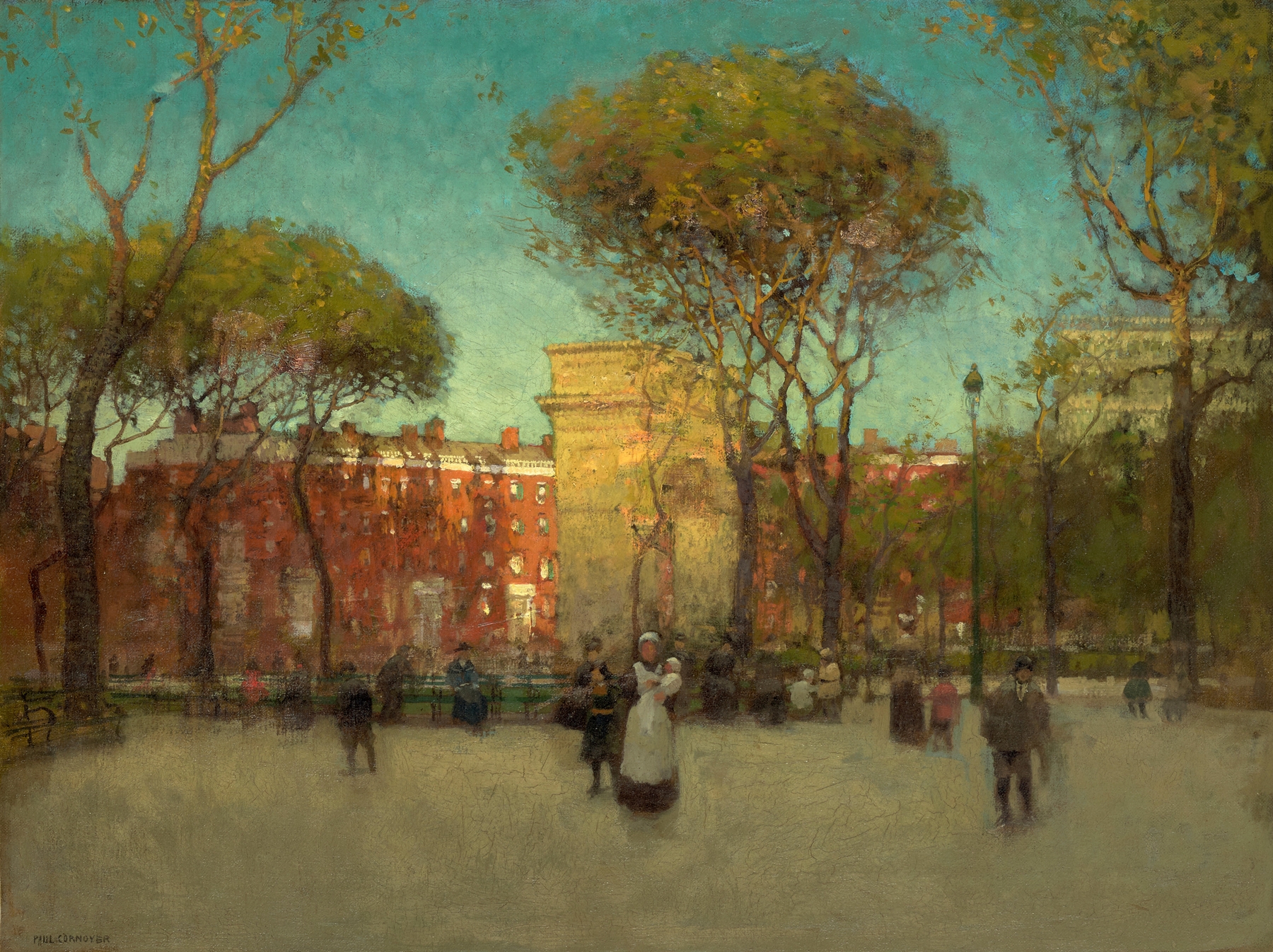 Washington Square, New York by Paul Cornoyer, oil on canvas, featuring trees and sunlight in an urban park.