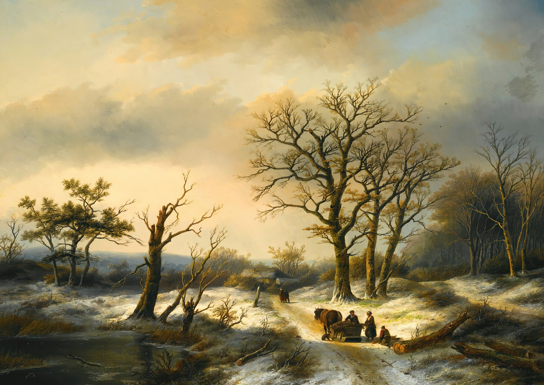 Wood Gatherers On A Snowy Path by Jan Jacob Coenraad Spohler, realism, depicts figures gathering wood in snow.