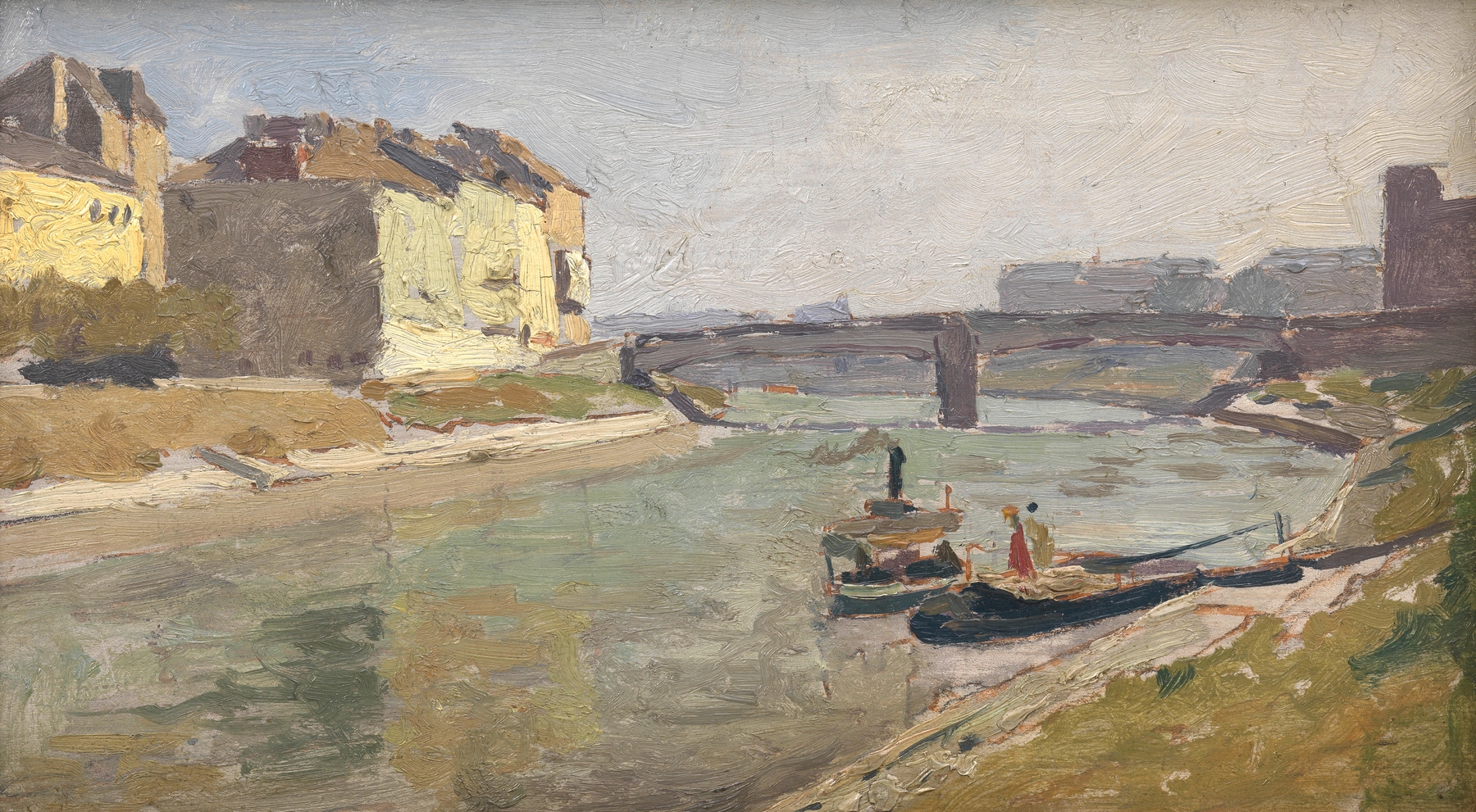 Landscape of Danube Canal with Ferdinandsbrücke, oil on canvas by Maximilian Suppantschitsch