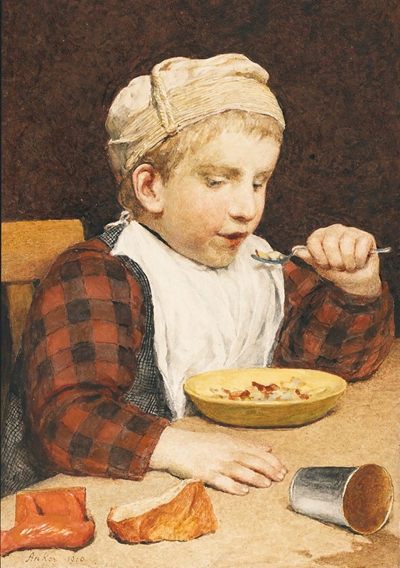 A young boy wearing a cap is depicted eating in this charming genre scene by Albert Anker.