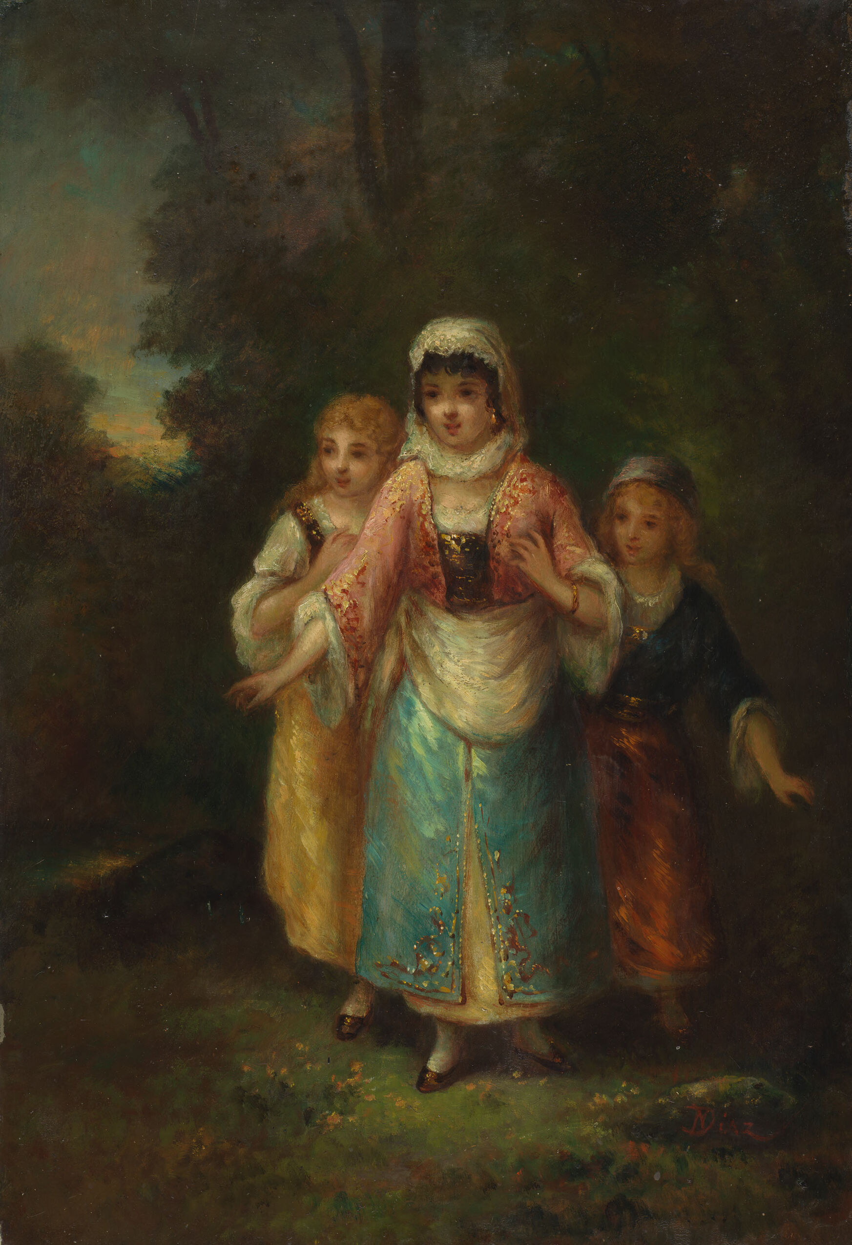 Three Girls in a Wood by Narcisse Virgile Diaz de la Peña, oil on canvas depicting girls among trees