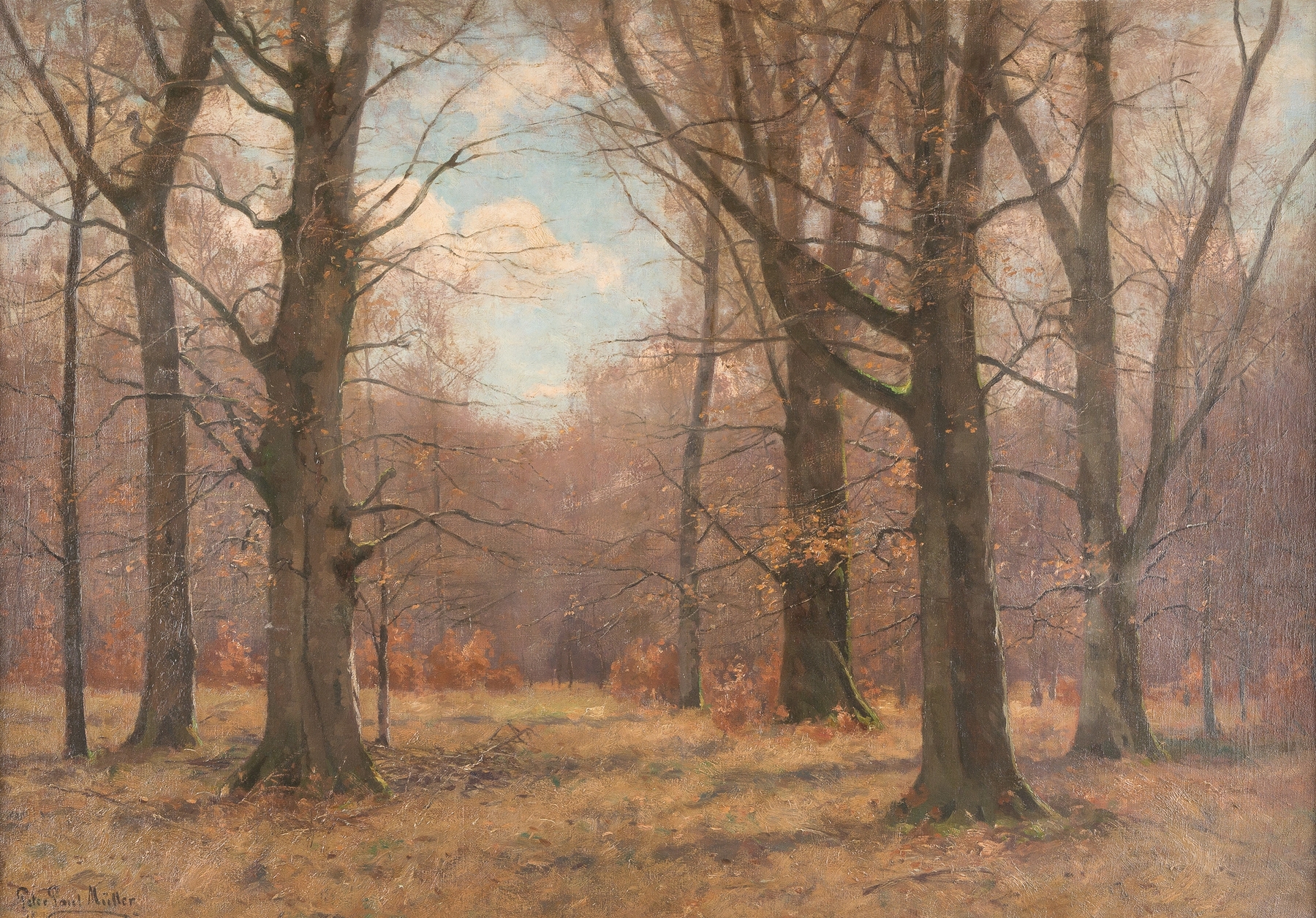 Late fall in the beech forest by Peter Paul Müller, oil painting depicting a serene autumn landscape.