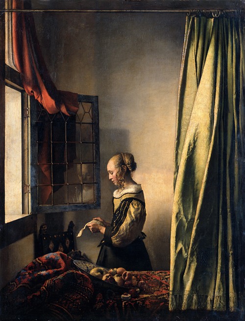 A young girl reads a letter by an open window, capturing a moment of quiet reflection.