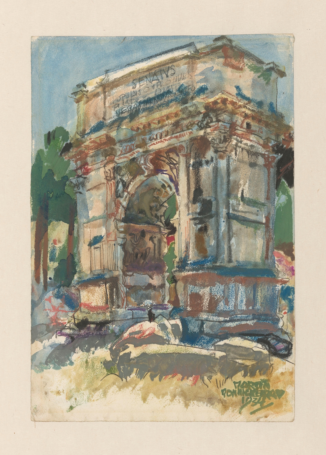 Oil on canvas by Martin Monnickendam depicting the arch of Titus against a landscape.