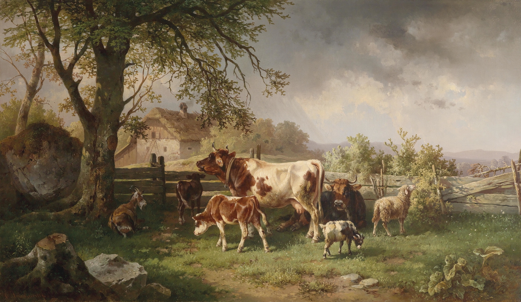 Realism artwork by Edmund Mahlknecht depicting a woman tending to chores on a farm