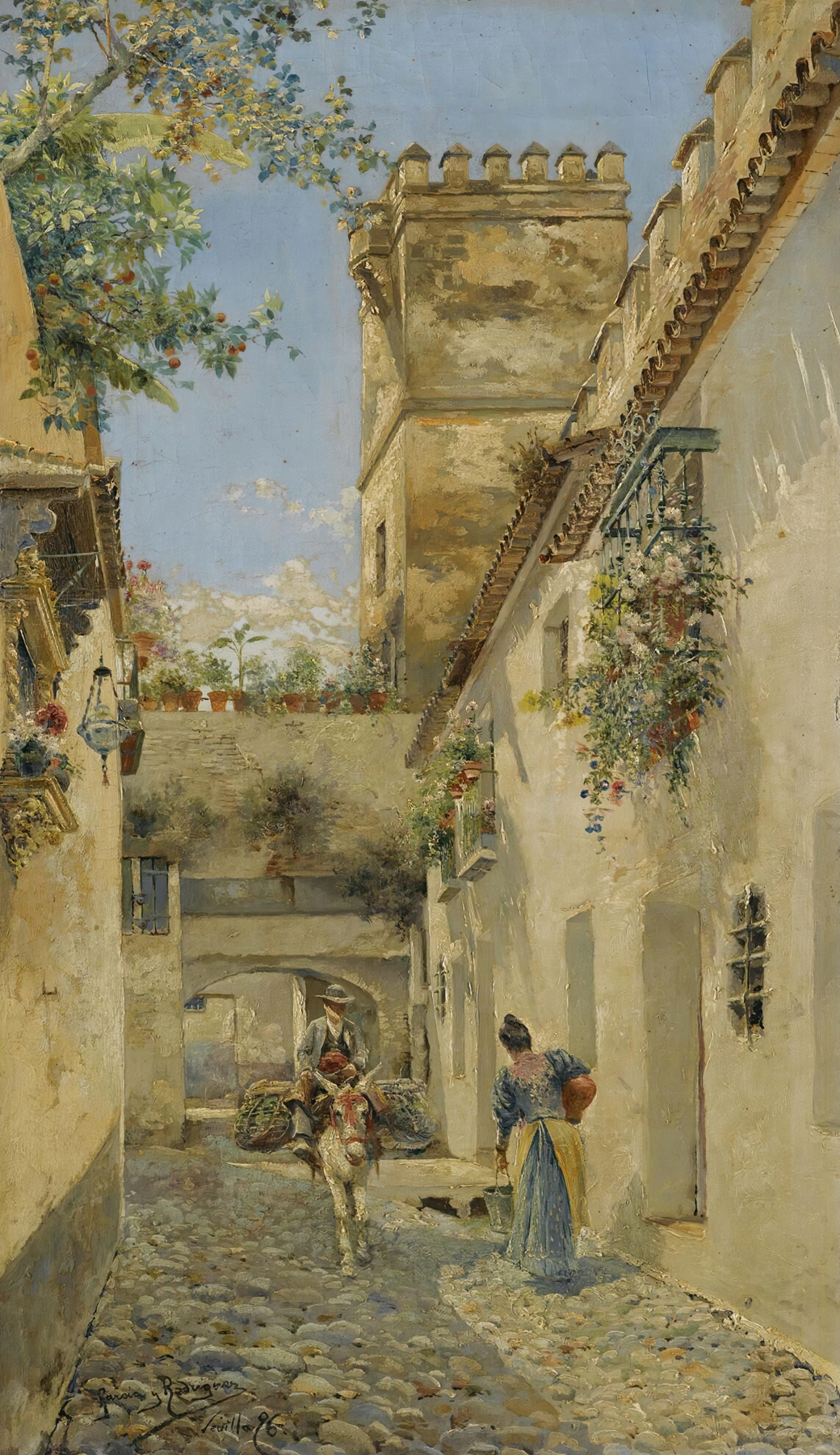 A Sevillian Alley by Manuel García y Rodríguez, realism, depicts a solitary figure in a shadowy alley.