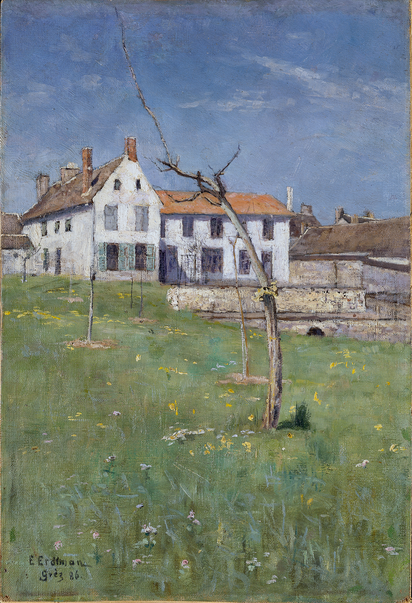 The Laurent Boarding House, Grez-sur-Loing by Elias Erdtman, oil painting depicting sunlight and tree branches.
