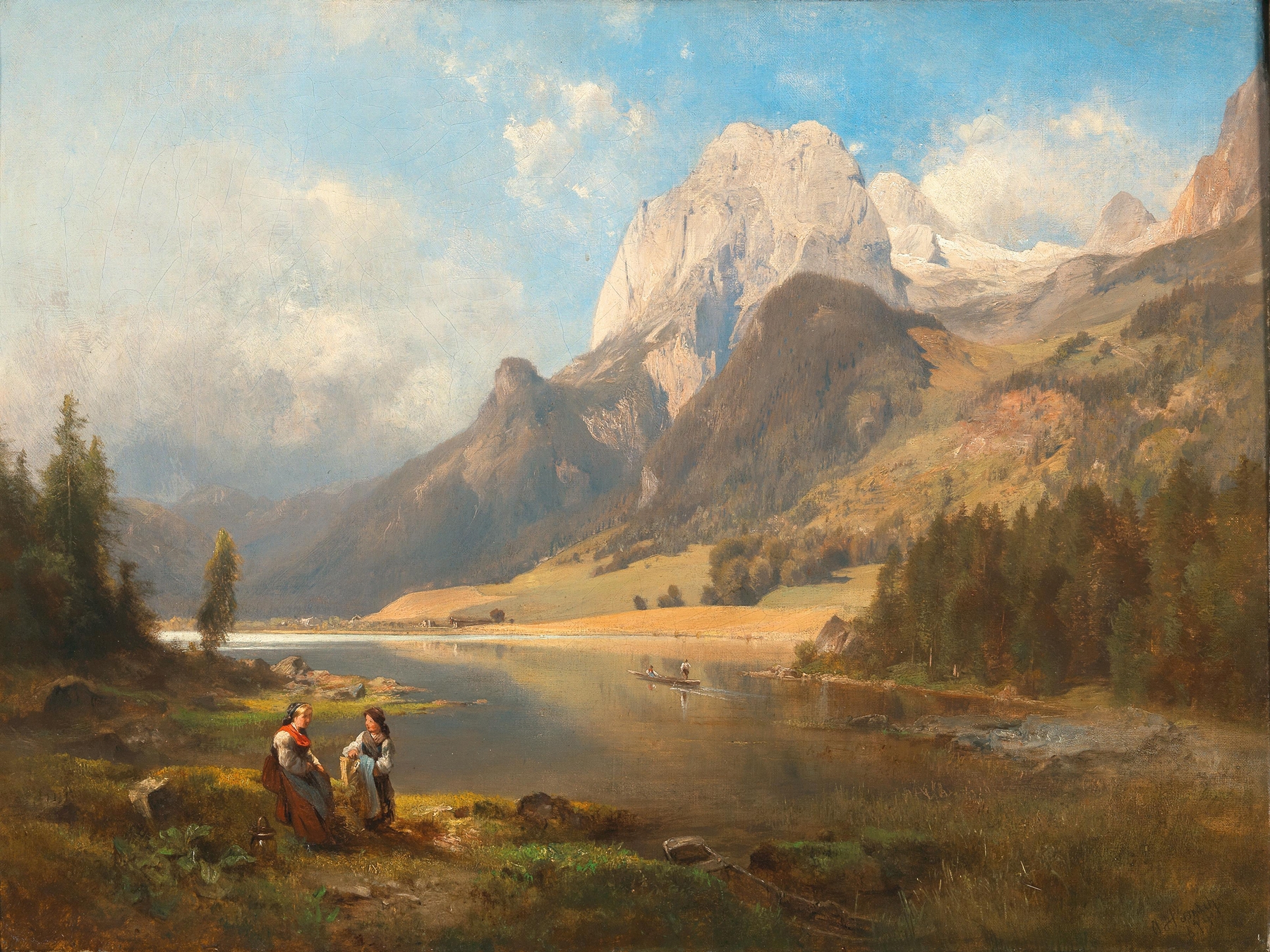 Landscape of a tranquil lake and mountains by Anton Hansch, oil painting