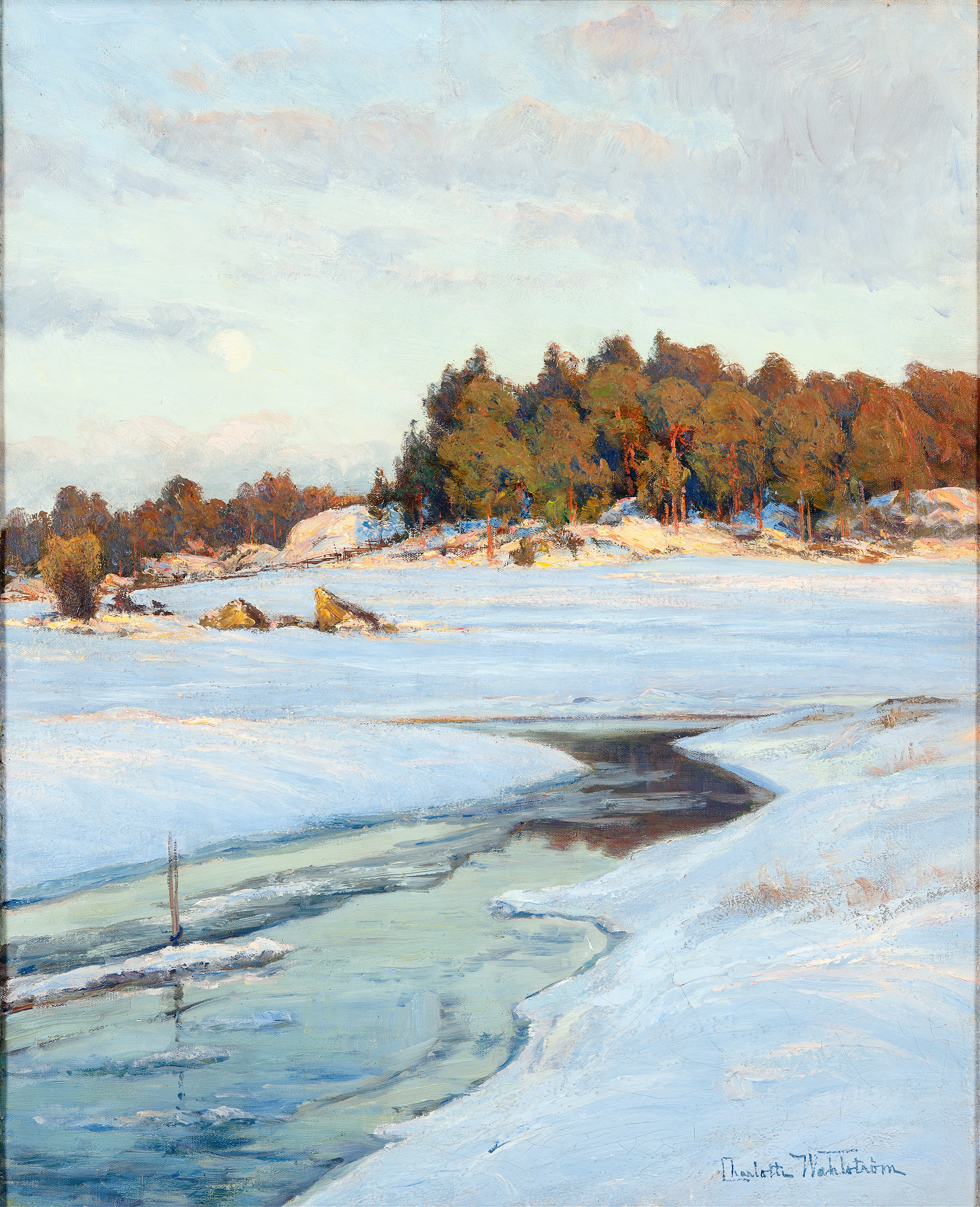 Landscape depicting twilight with a solitary figure in muted colors by Charlotte Wahlström, Impressionism