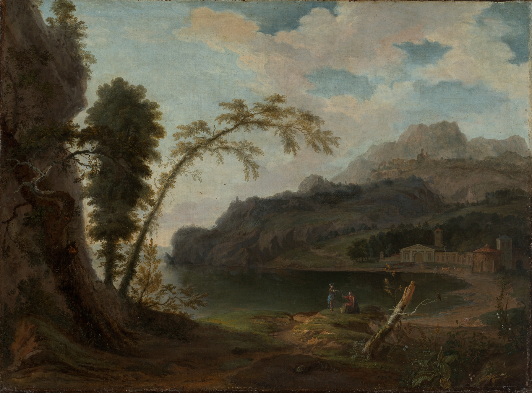 Italienische Landschaft mit mythologischer Staffage, oil painting by Jan van Nickelen depicting a serene landscape with classical figures.
