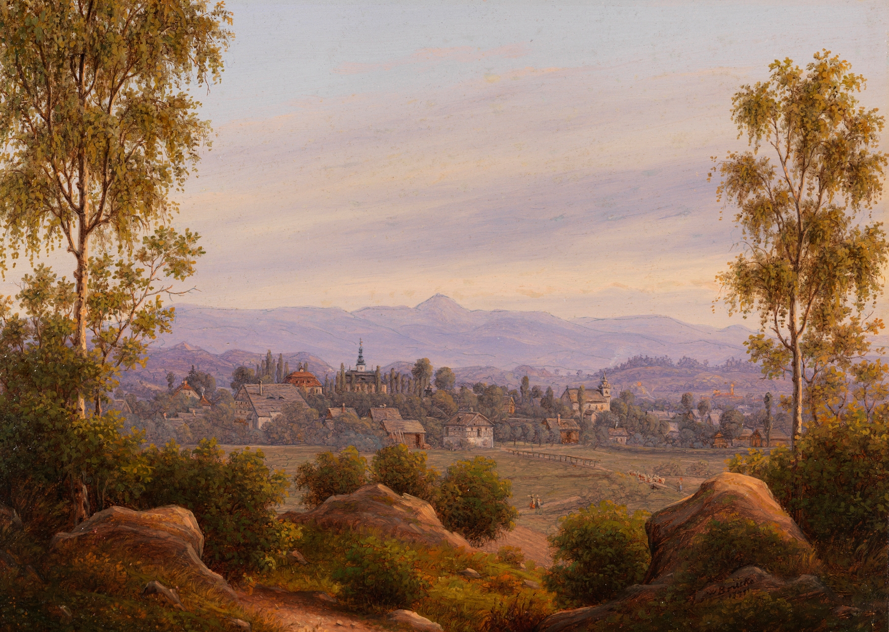 Blick auf Bad Warmbrunn by Wilhelm Brücke, oil on canvas depicting a serene lake and trees.