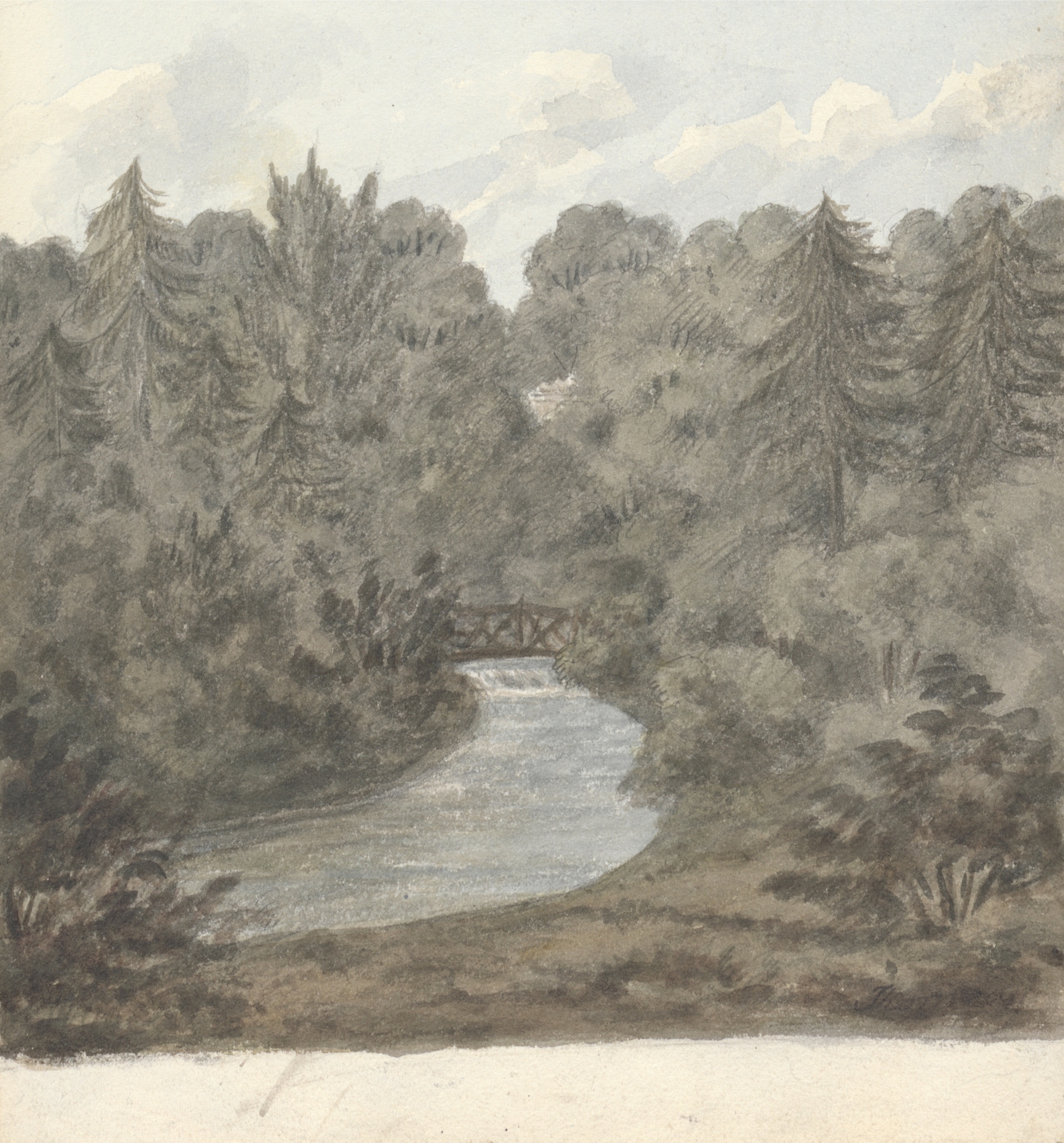 Thornery Pool, Sezincote by Anne Rushout, watercolor on paper depicting a tranquil pool and surrounding flora.