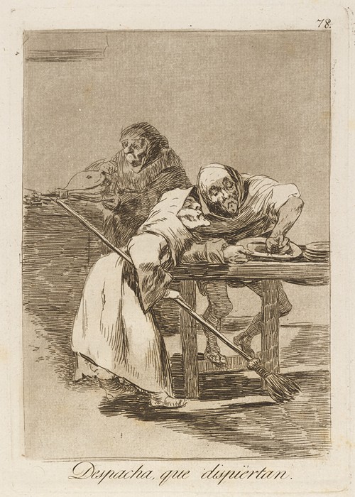 This artwork depicts a tense moment with figures urging each other to act quickly.