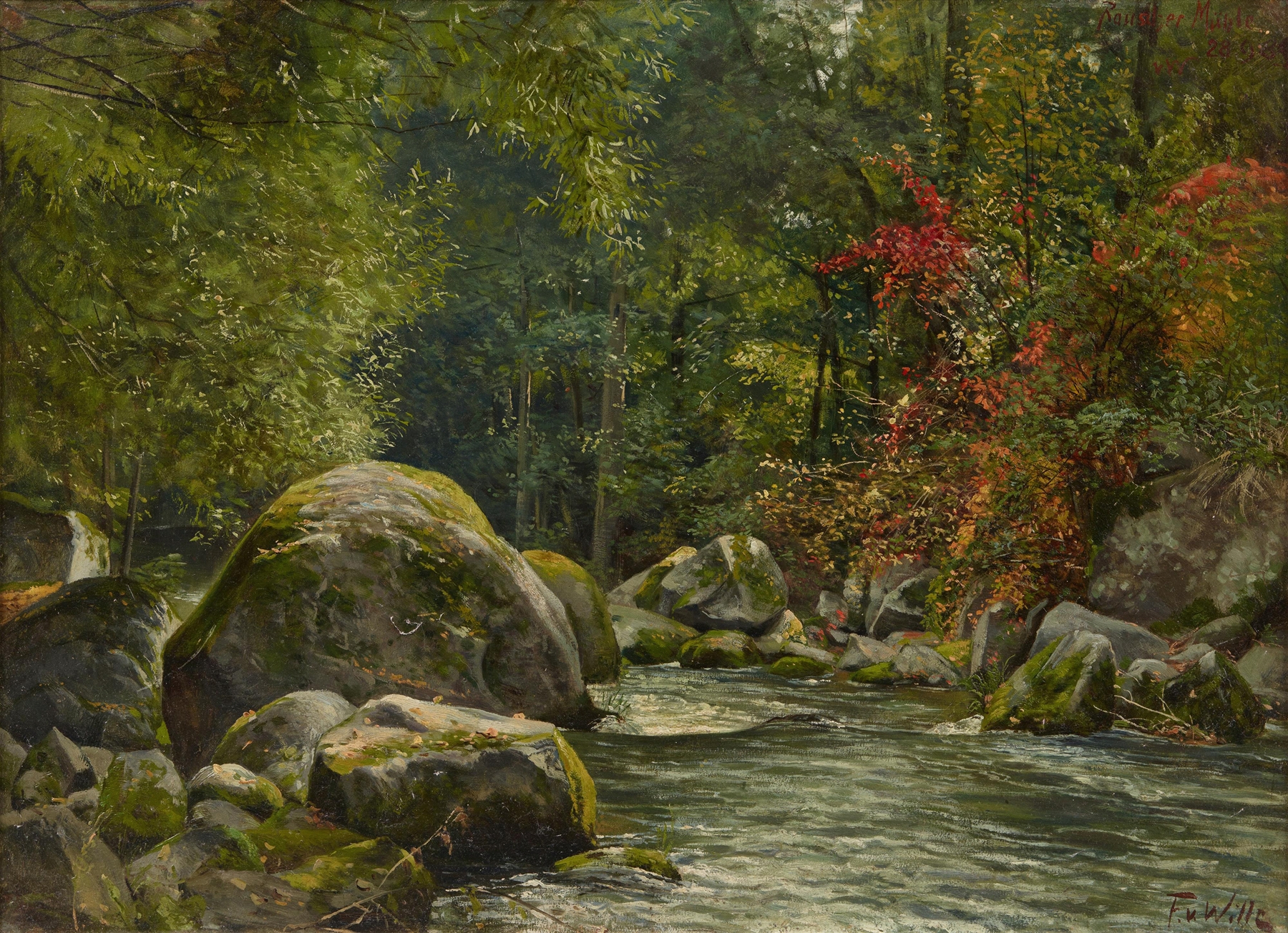 Impressionist landscape featuring figures by a river, oil painting by Fritz Von Wille