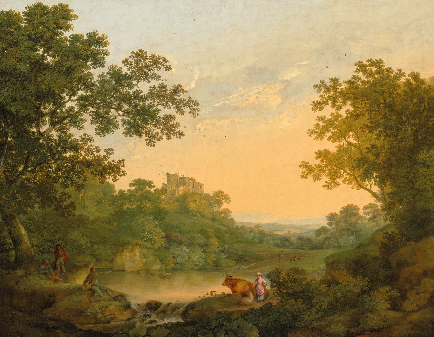 Wooded landscape with fishermen and shepherds by a pond, oil painting by George Smith