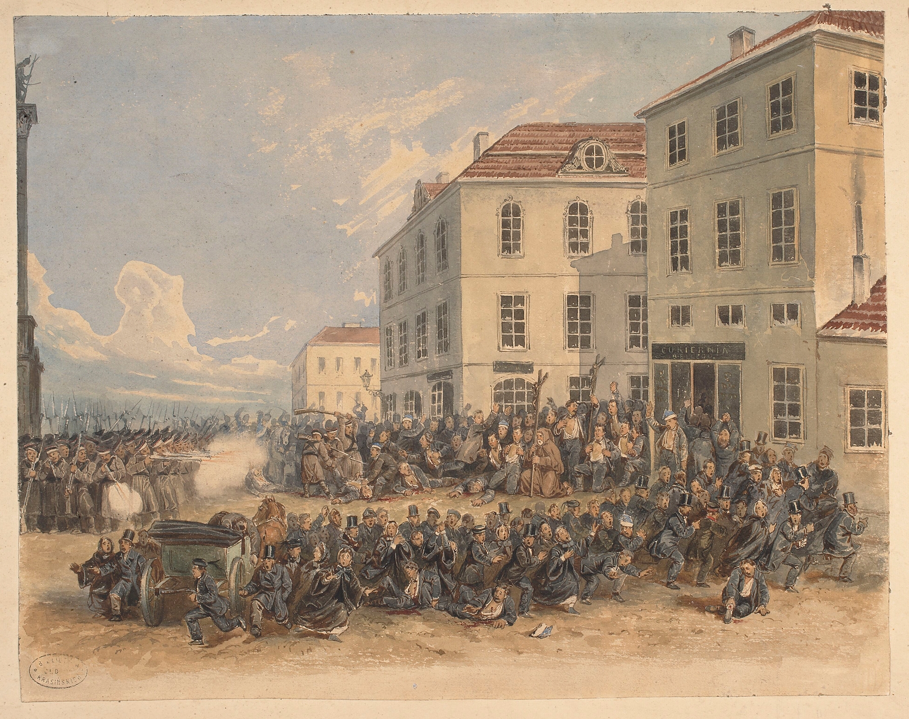 Historical scene depicting a crowd in Warsaw, oil painting by Adrian Głębocki