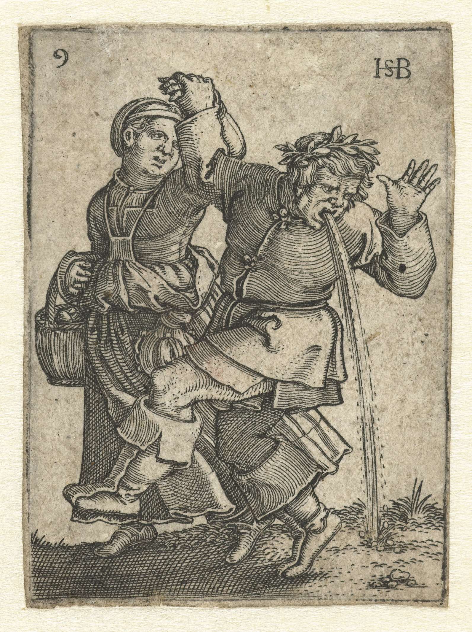 Dansend boerenpaar, man geeft over, by Hans Sebald Beham, public domain
