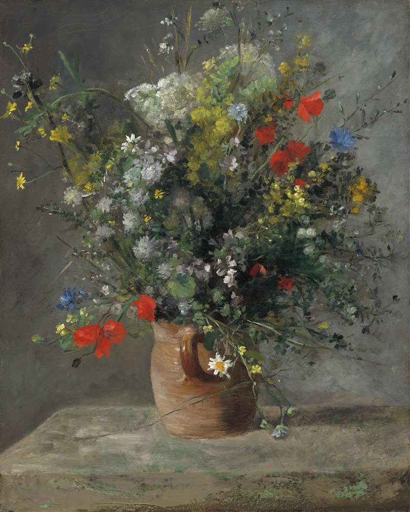 A vibrant still life painting of flowers in a vase by Pierre-Auguste Renoir.